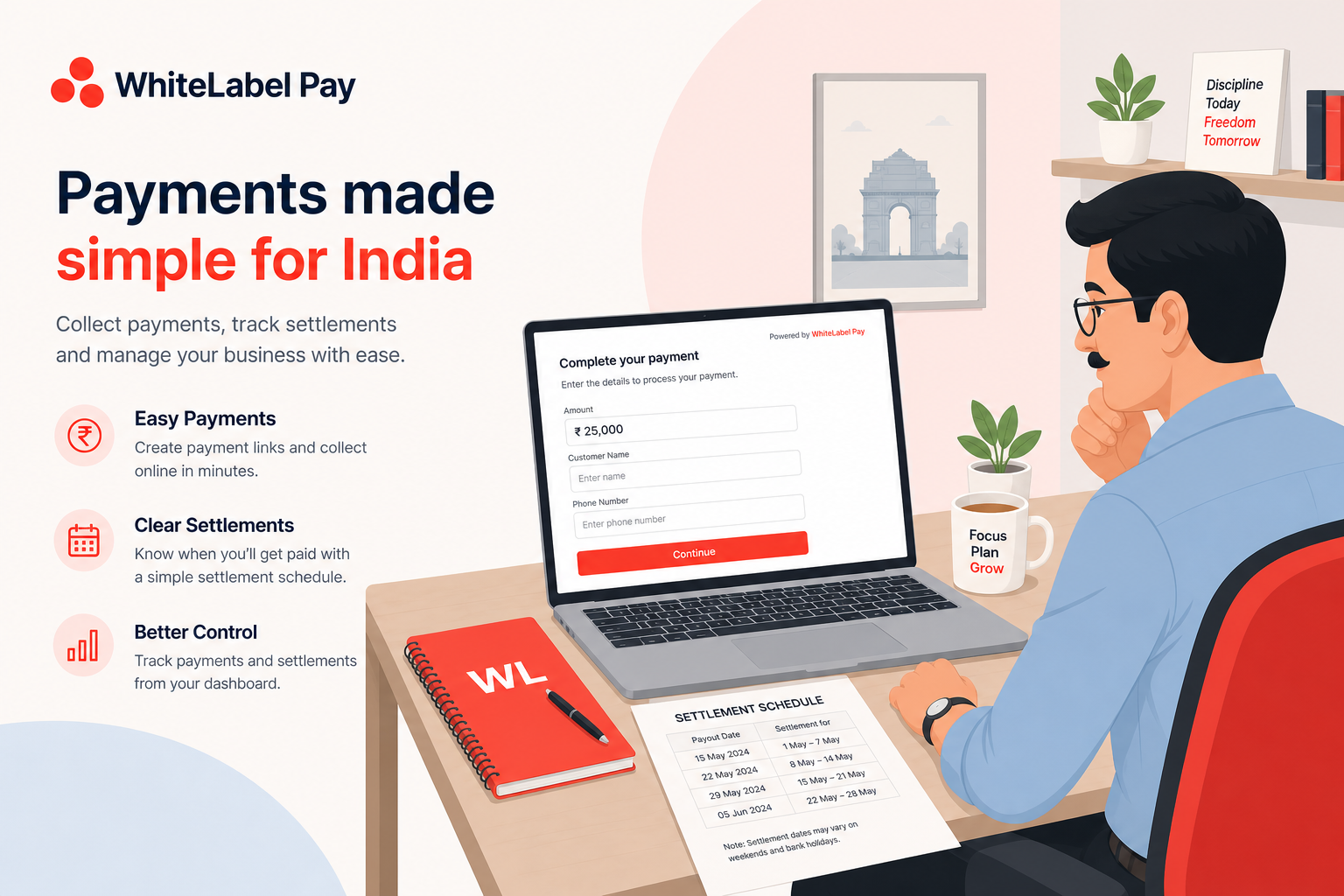 Merchant reviewing a branded checkout screen and settlement schedule powered by a white label payment gateway india platform