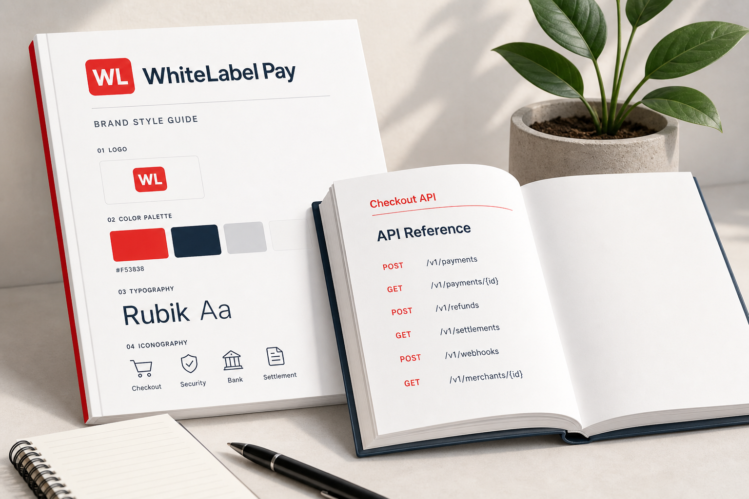 Brand style guide and API documentation layers for a white-label payment platform